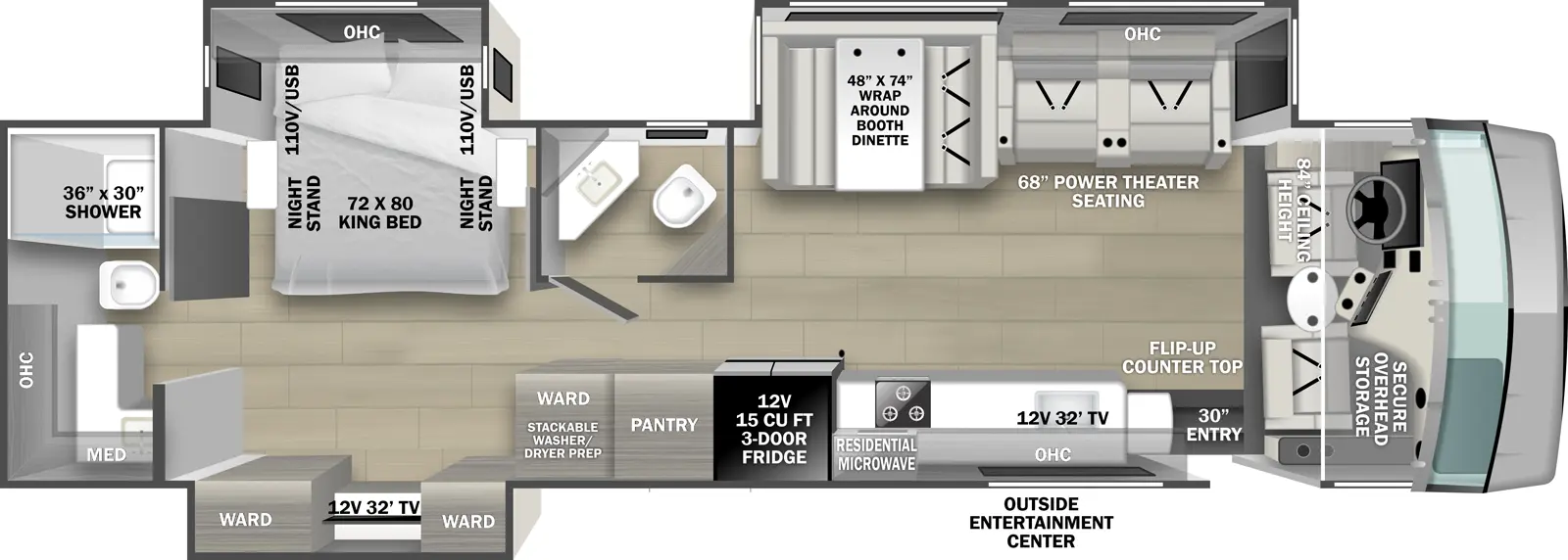 The 35G has three slideouts and one entry. Exterior features outside entertainment center. Interior layout front to back: Front cab area with 84 inch ceiling height and secure overhead storage; off-door side slideout with power theater seating, overhead cabinet, and wrap around booth dinette; door side entry, kitchen counter with flip-up counter, sink and cooktop, overhead cabinet with TV and microwave, 12 V 3-door refrigerator, pantry, and wardrobe with stackable washer/dryer prep; off-door side half bathroom; bedroom with off-door side king bed slideout with overhead cabinet and nightstands on each side, and door side slideout with 12V TV with wardrobes on each side; rear full bathroom with overhead cabinet and medicine cabinet.